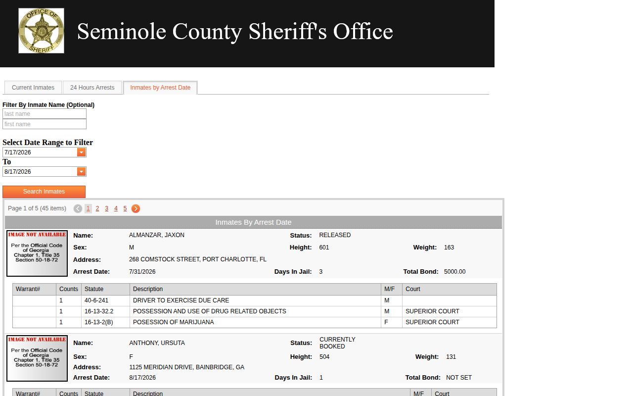 Seminole County arrest-date search interface for booking records