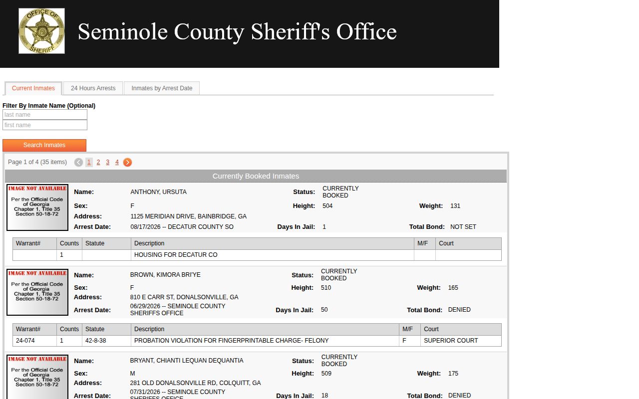 Seminole County current inmate roster interface and booking record fields