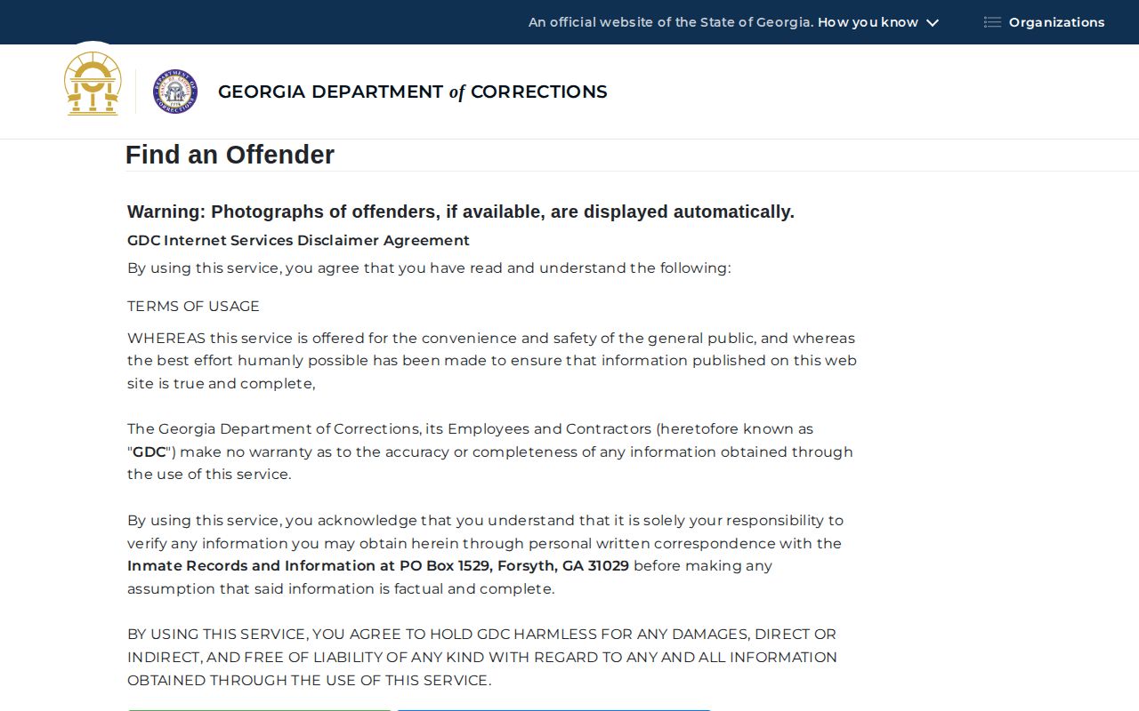 Georgia Department of Corrections offender search for state custody records