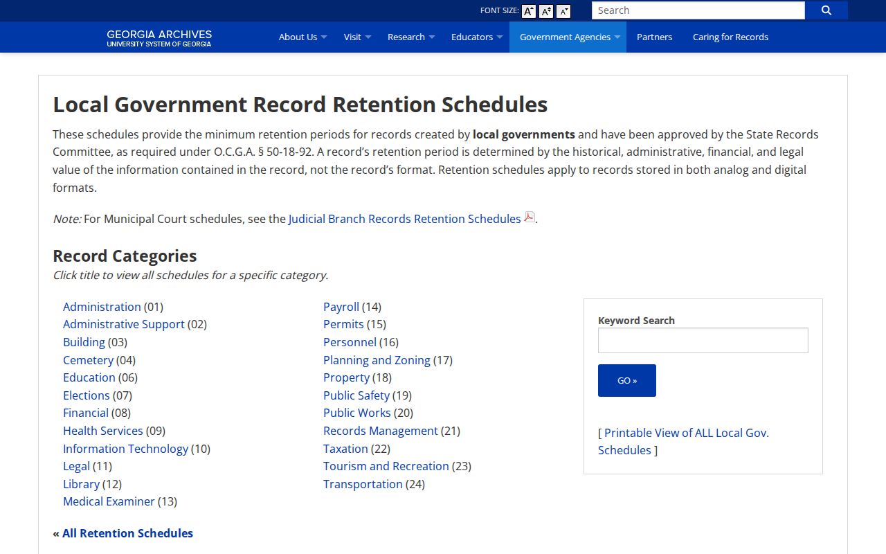 Georgia Archives local government retention schedules for jail records