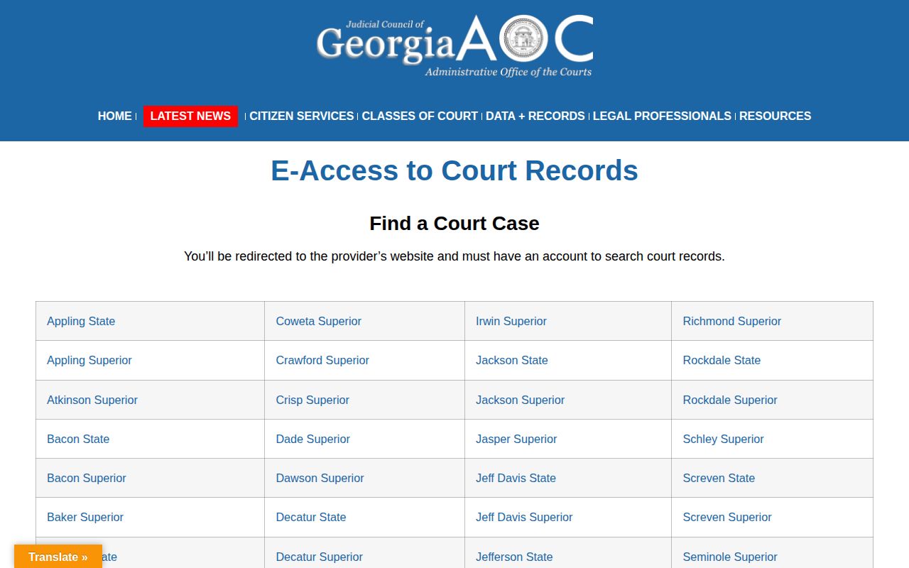 Georgia Courts e-access page for Seminole County case dispositions