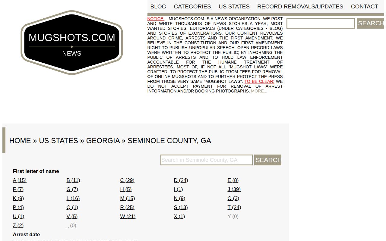 Mugshots.com historical Seminole County secondary index