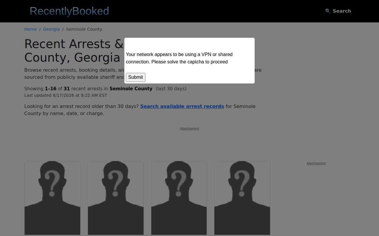 Seminole County RecentlyBooked secondary arrest page